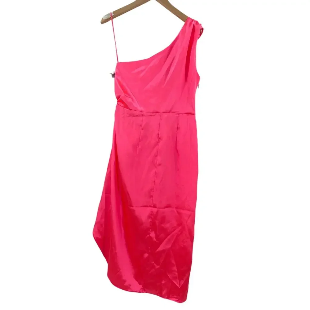 FRENCH CONNECTION Dress Size 6 Adaline Satin One Shoulder Midi Neon Pink NWT